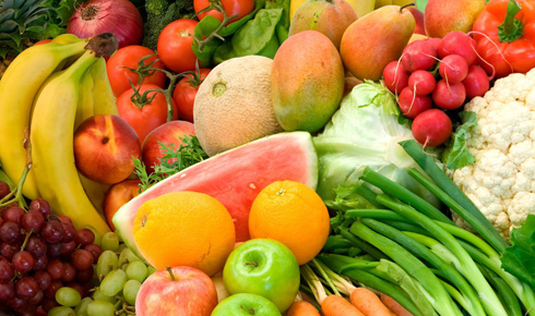 This is a close-up of vegetables and fruits.